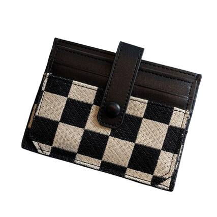 Front. Jadie Link - Cute Slim Card Holder Canvas Front Pocket Checkered Wallet Small Credit Case Women black Cute Stylish Loved customers - Black.