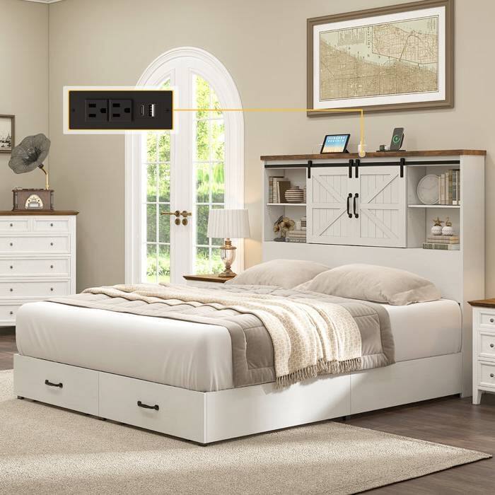 Angle. Hivvago - Full White Farmhouse Platform Bed with Bookcase Headboard and Storage Drawers - White.