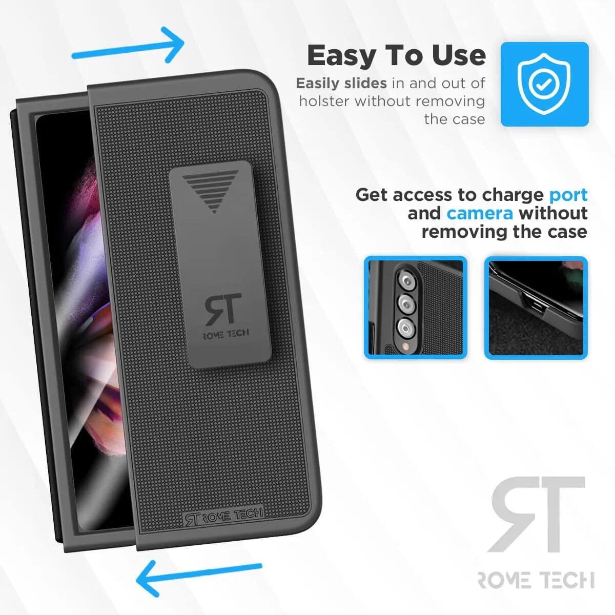 Easy To Use  
Easily slides in and out of holster without removing the case  

Get access to charge port and camera without removing the case  

TR ROME TECH  
TR ROME TECH  
TR ROME TECH