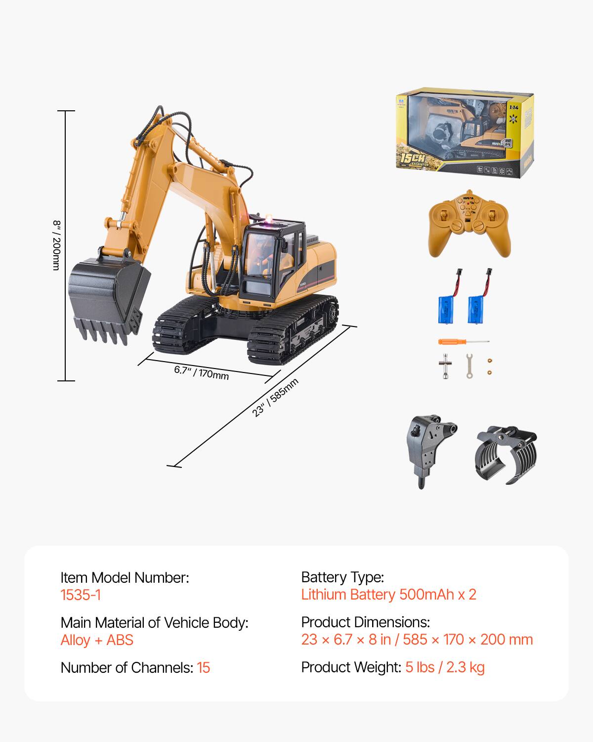 VEVOR Remote Control Excavator Toy, 15 Channel, 3 in 1 Remote