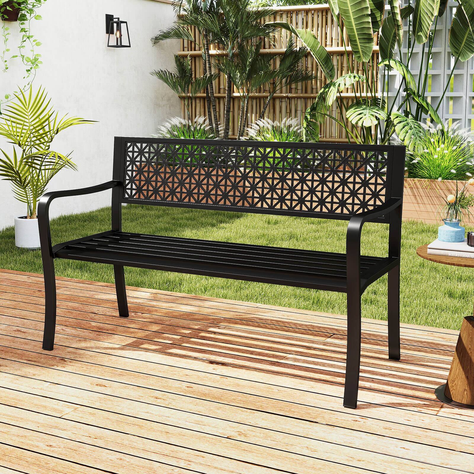 Alt View 3. Costway - Costway 50" Garden Bench with Patterned Backrest and Curved Armrests for Porch Lawn - Black.