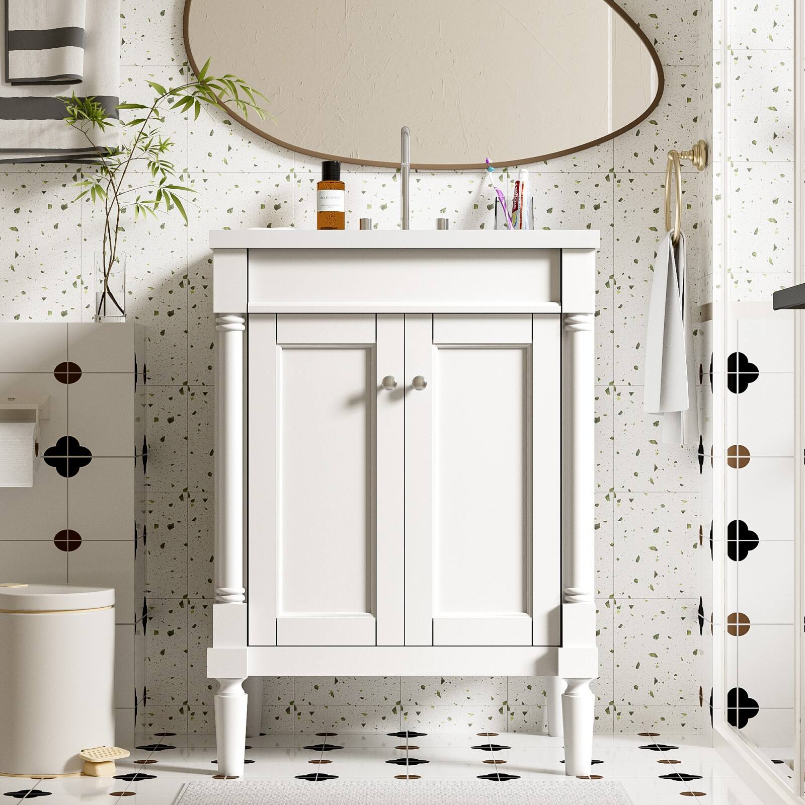 Alt View 1. Glintex - 24'' Bathroom Vanity with Top Sink, 2-Tier Bathroom Storage Cabinet, Single Sink Bathroom Vanity, Large Storage Shelves - White.