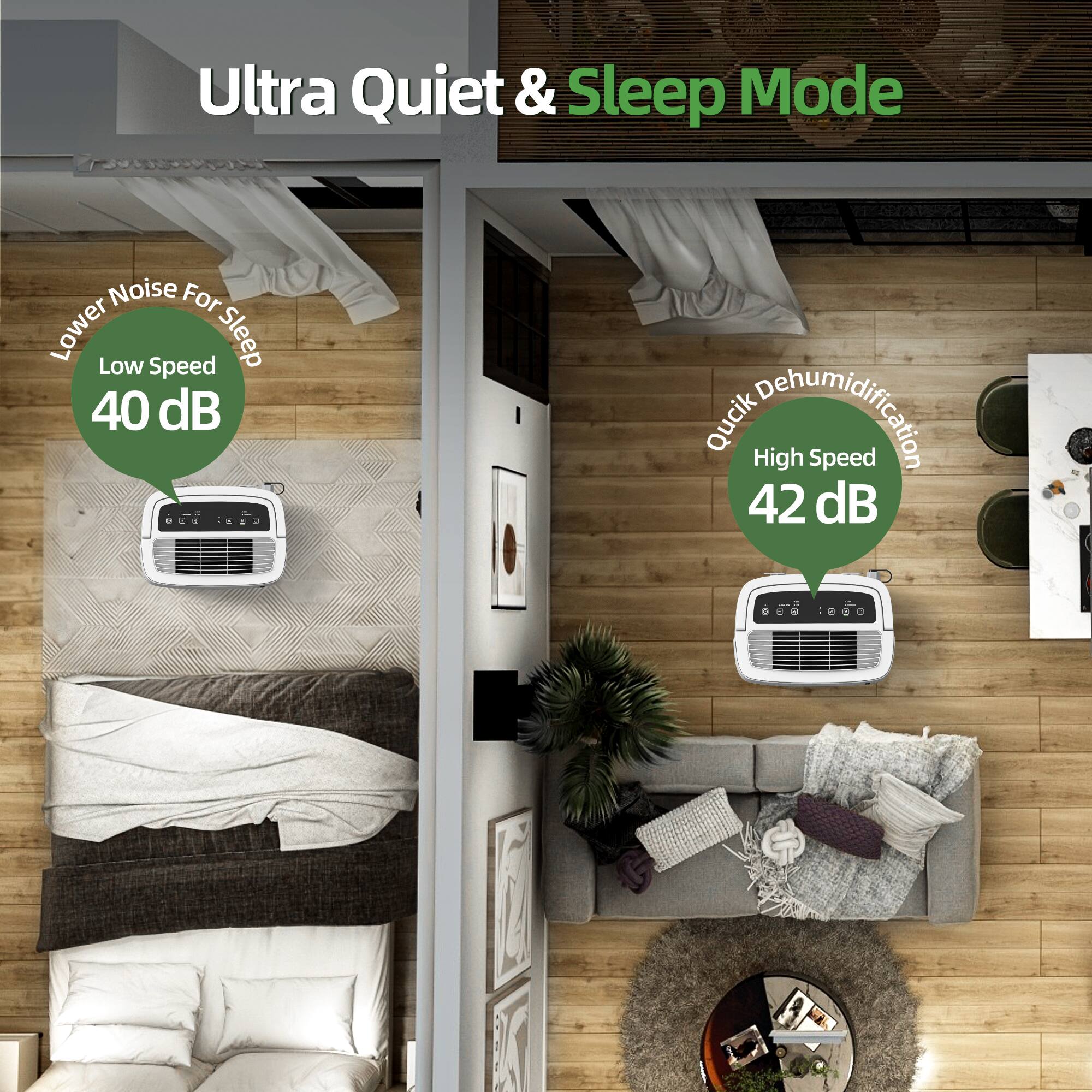 Ultra Quiet & Sleep Mode

Lower Noise For Sleep
Low Speed 40 dB

Quick Dehumidification
High Speed 42 dB