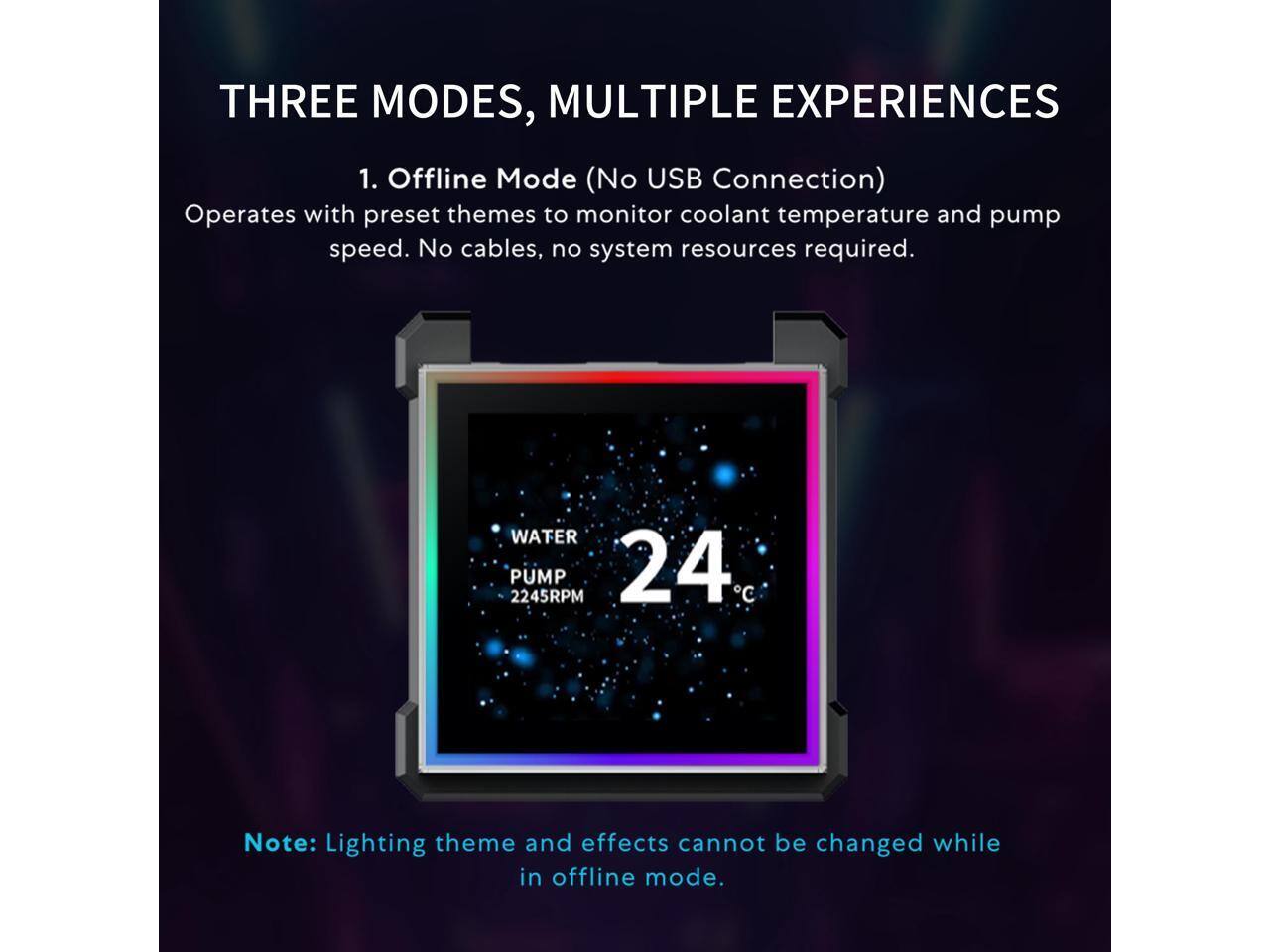 THREE MODES, MULTIPLE EXPERIENCES

1. Offline Mode (No USB Connection)
Operates with preset themes to monitor coolant temperature and pump speed. No cables, no system resources required.

WATER PUMP 2245RPM 24°C

Note: Lighting theme and effects cannot be changed while in offline mode.