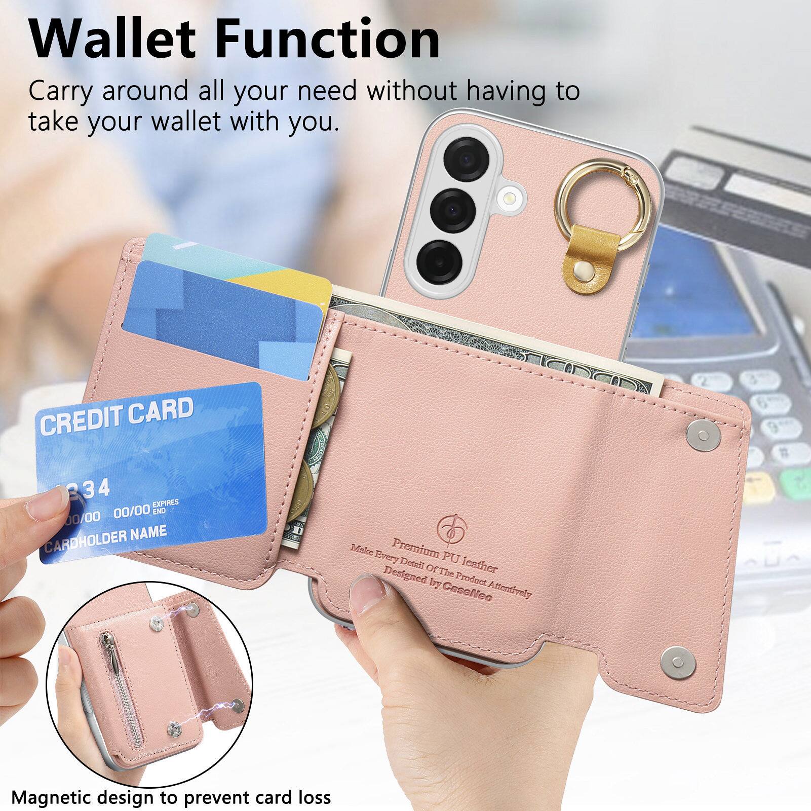 Wallet Function  
Carry around all your need without having to take your wallet with you.

CREDIT CARD  
34  
EXPIRES 00/00  
END 00/00  
CARDHOLDER NAME

Premium PU leather  
Every Detail Of The Product Designed Attentively  
by Caselleo

Magnetic design to prevent card loss
