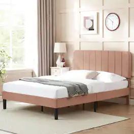 Vecelo - Upholstered Full Size Platform Bed Frame with Adjustable Headboard,Velvet Bed Frame No Box Spring Needed - Brown