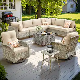 Ovios - 10 PCS Outdoor Patio Furniture Sectional Conversation Set with Swivel Chairs & Coffee Table - Beige