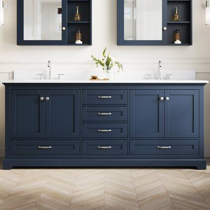 Front. WELLFOR - LVD 80 in. Solid Wood Double Sink Freestanding Bath Vanity with Culutered Marble Top, Assembled - Navy Blue.