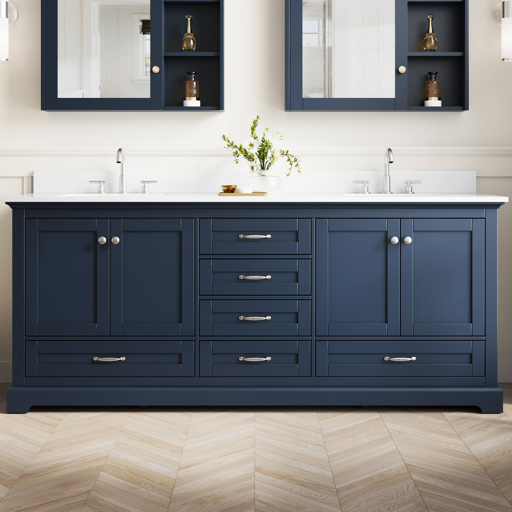 Front. WELLFOR - LVD 80 in. Solid Wood Double Sink Freestanding Bath Vanity with Culutered Marble Top, Assembled - Navy Blue.