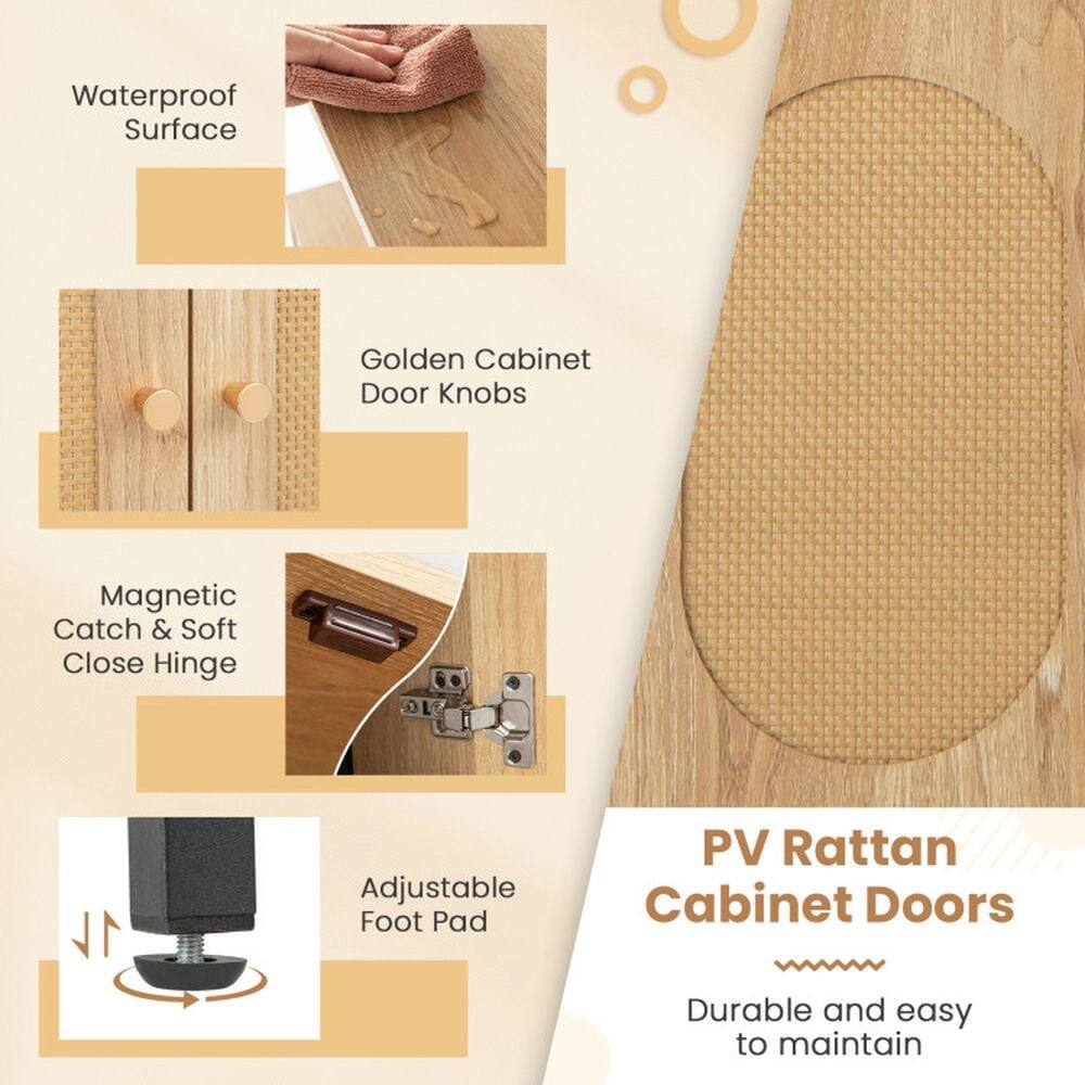 Waterproof Surface  
Golden Cabinet Door Knobs  
Magnetic Catch & Soft Close Hinge  
Adjustable Foot Pad  

PV Rattan Cabinet Doors  
Durable and easy to maintain