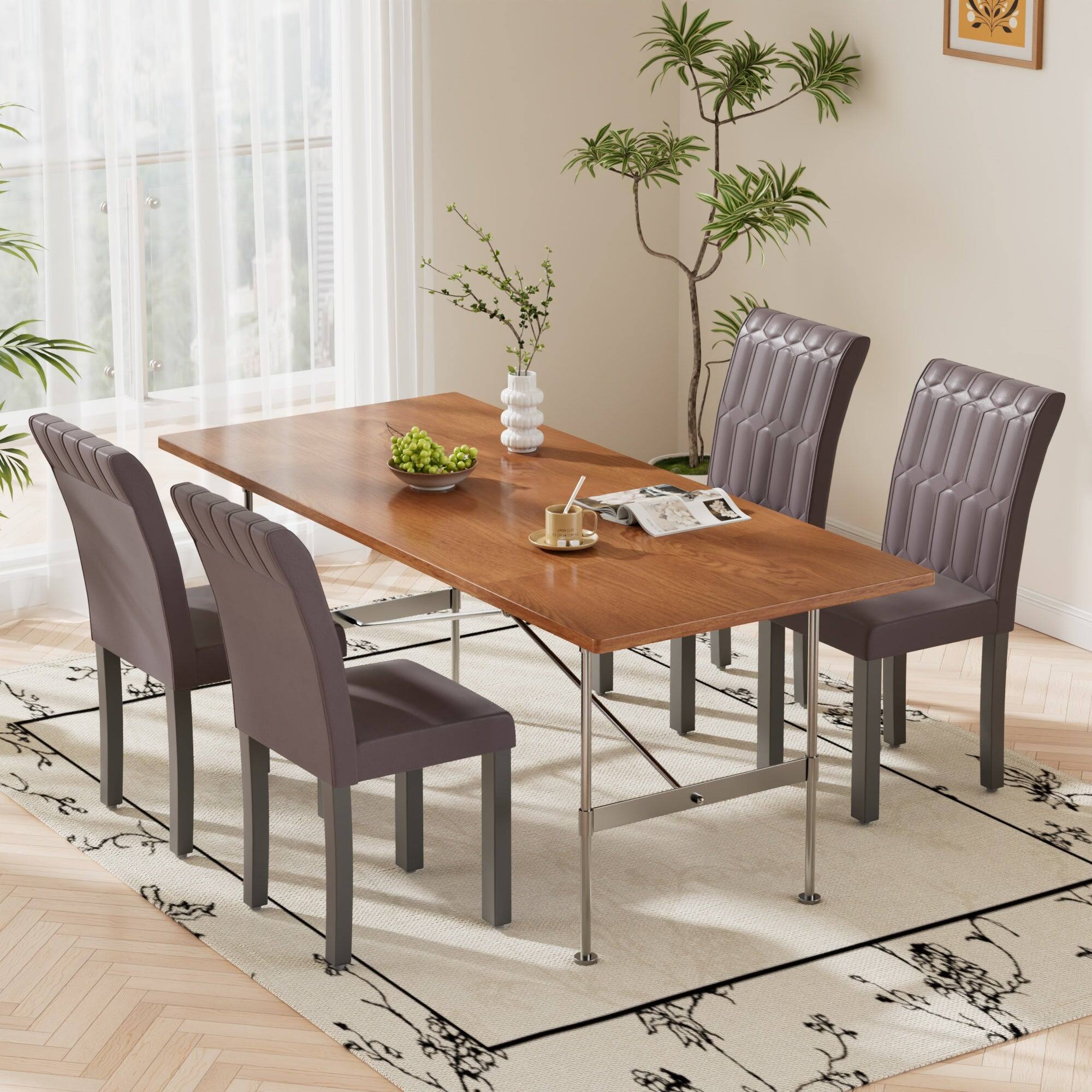 Alt View 2. Vecelo - Set of 6 PU Leather Dining Chairs  - Ergonomic High Back Chairs With Solid Wood Legs - Coffee.