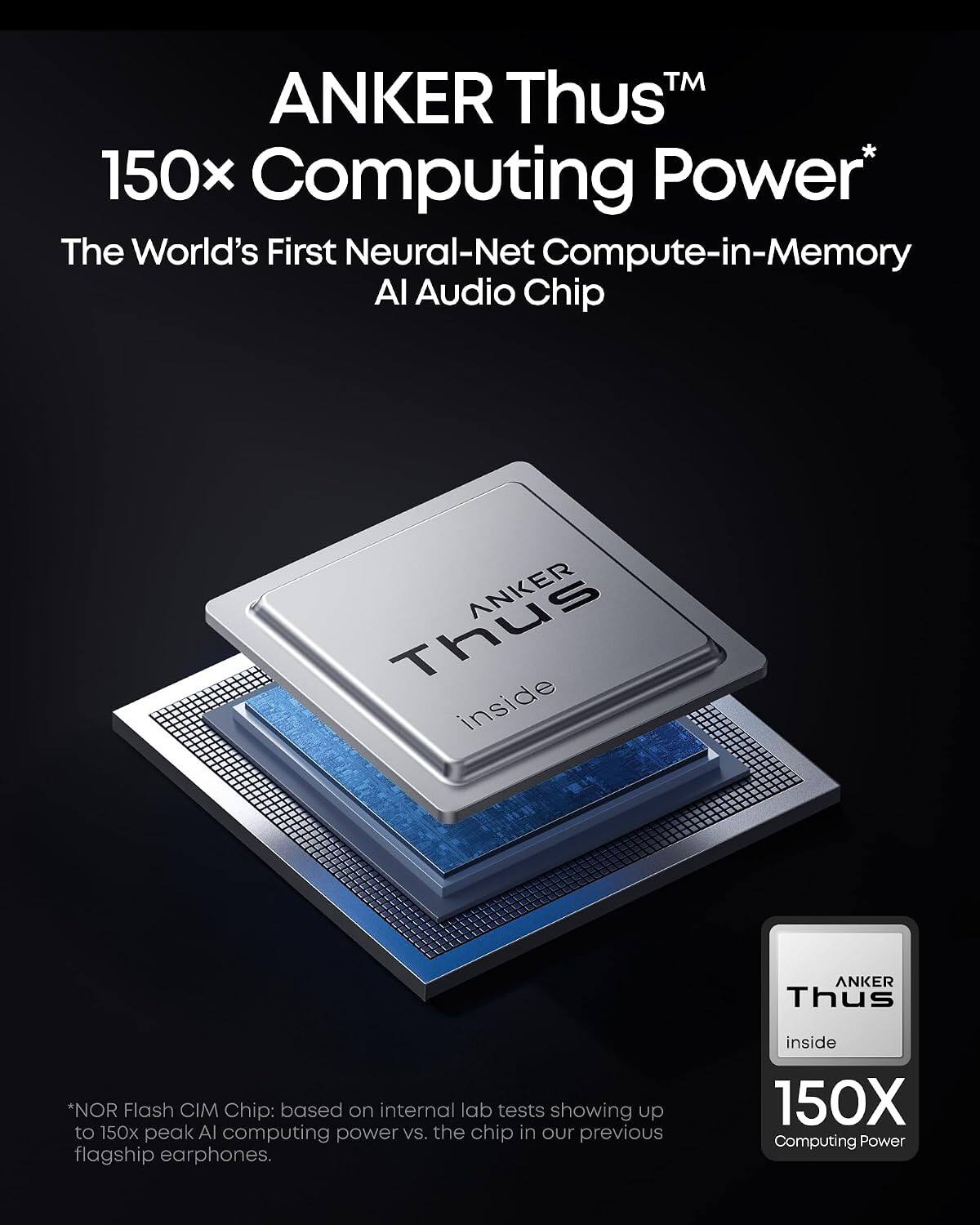 ANKER Thus™  
150x Computing Power*  
The World's First Neural-Net Compute-in-Memory AI Audio Chip  

Thus ANKER inside  
ANKER Thus  

*NOR Flash CIM Chip: based on internal lab tests showing up to 150x peak AI computing power vs. the chip in our previous flagship earphones.  
inside 150X Computing Power