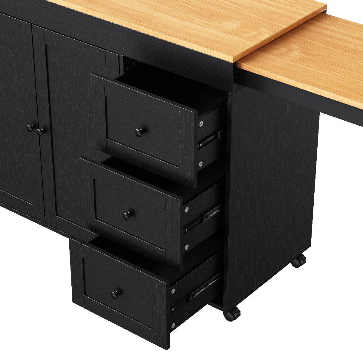 Alt View 6. Loheer - Loheer Black Kitchen Island with Extendable Dining Table, Rolling Kitchen Cart with Power Outlet, 74.8" MDF - Black.