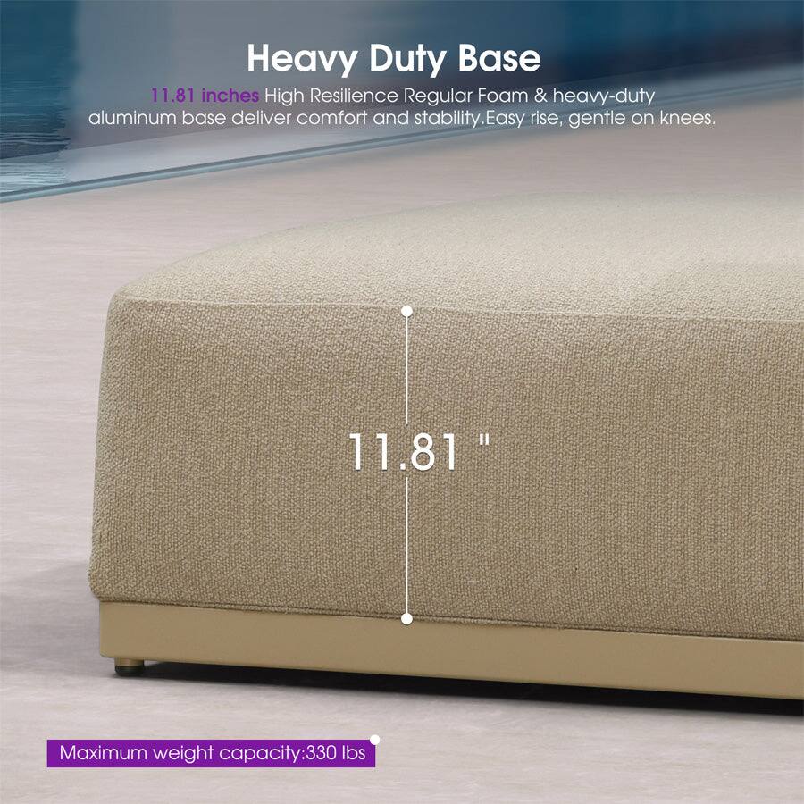 Heavy Duty Base

11.81 inches High Resilience Regular Foam & heavy-duty aluminum base deliver comfort and stability. Easy rise, gentle on knees.

Maximum weight capacity: 330 lbs