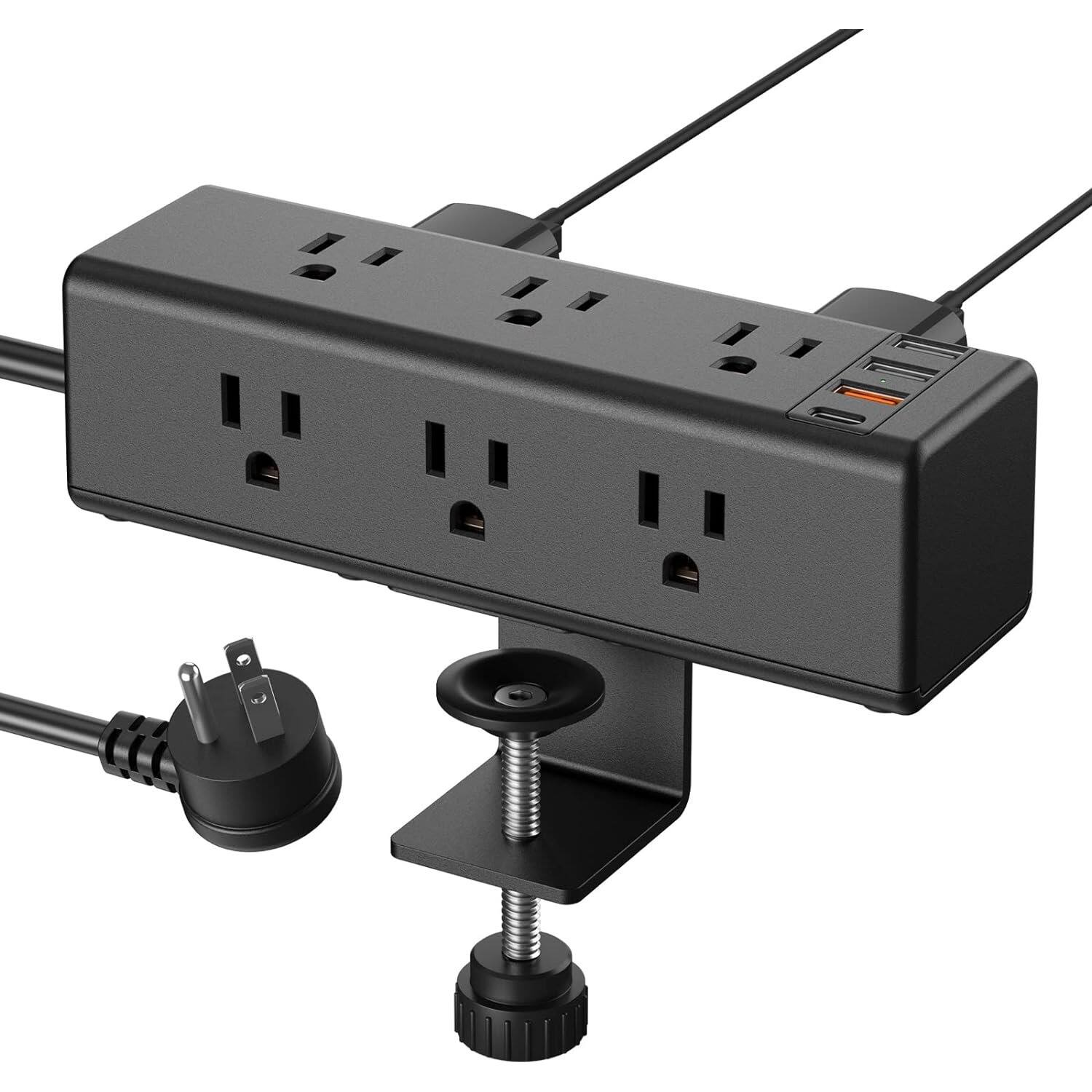 Front. PARKER SLATER - Desk Clamp Power Strip with 9 Outlets, USB-A & USB-C, Fast Charging, Surge Protector, 6FT Flat Plug, Fits 1.6" Desk Edge - Black.
