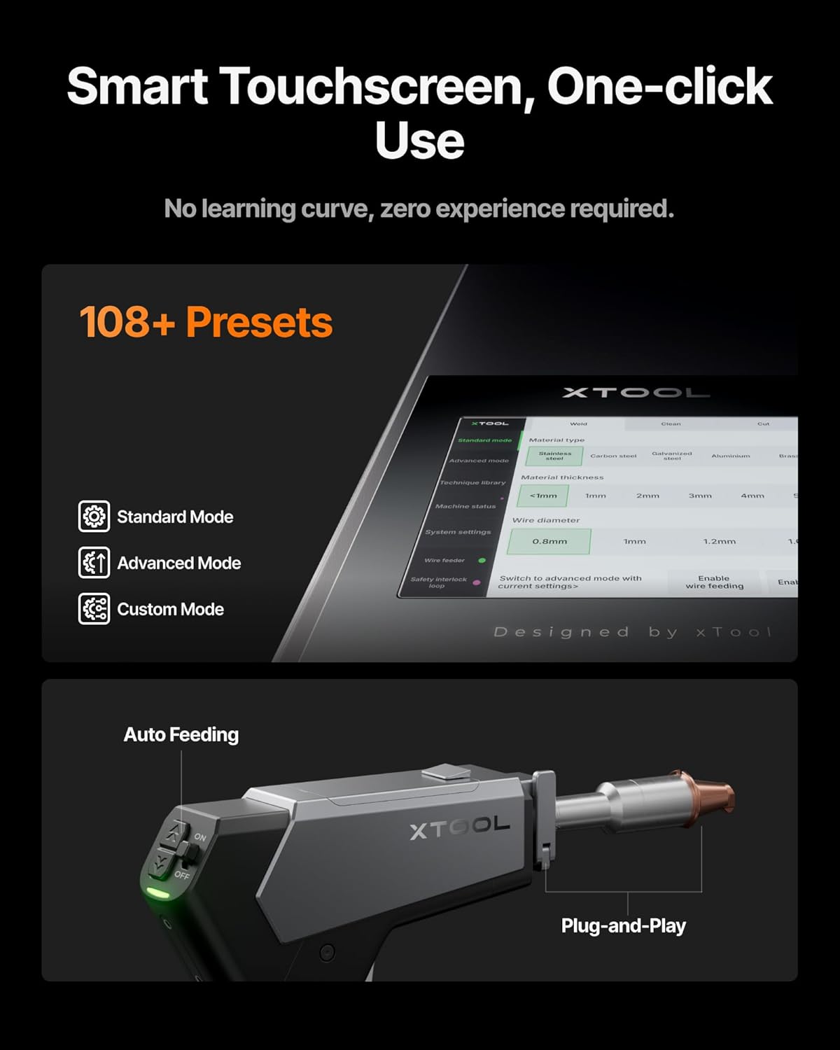 Smart Touchscreen, One-click Use  
No learning curve, zero experience required.

108+ Presets

- Standard Mode
- Advanced Mode
- Custom Mode

Auto Feeding

Plug-and-Play