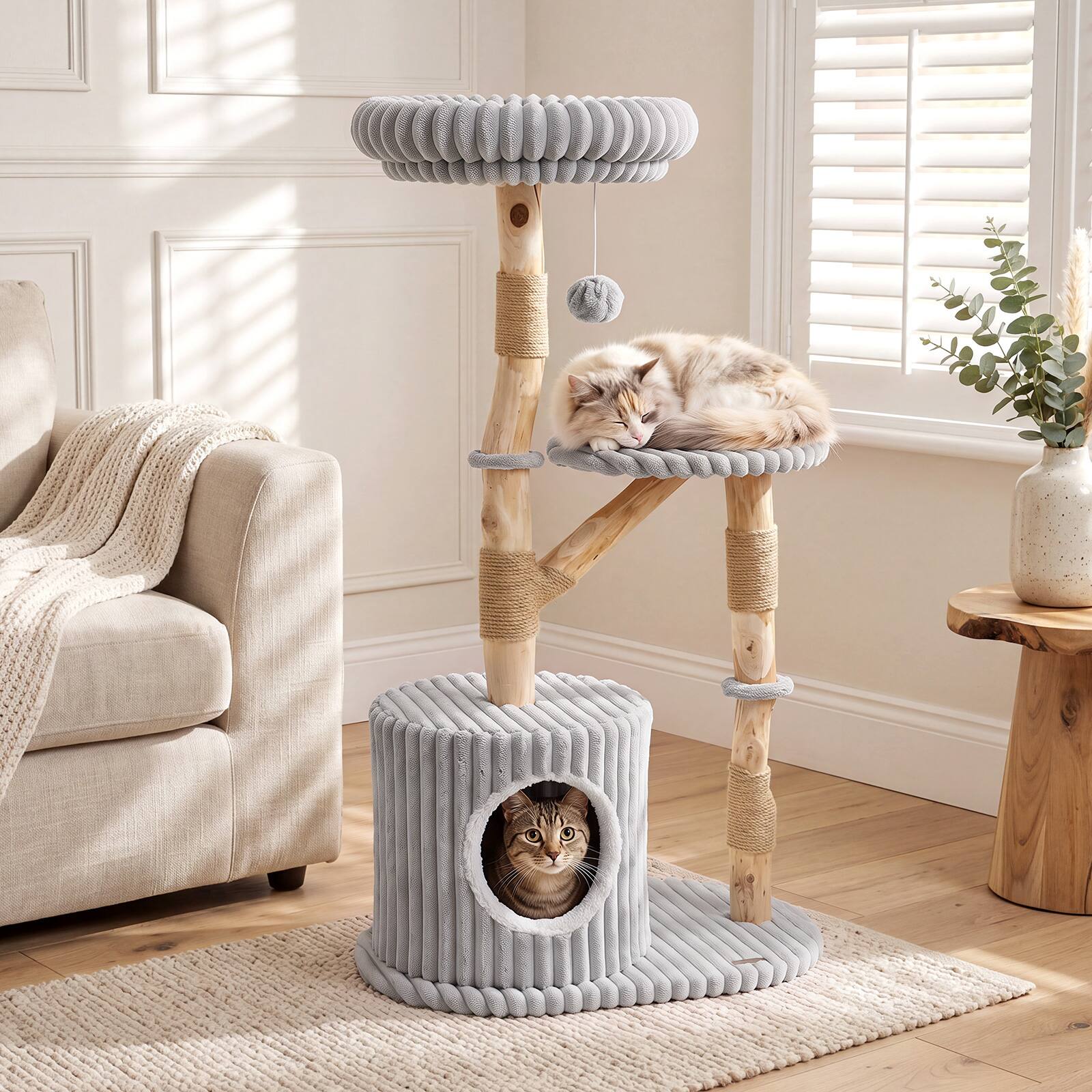 Alt View 3. Gymax - Gymax 41 Inch Tall Modern Cat Tower w/Real Wood BranchesScratching PostsCozy Bed Gray - Gray.
