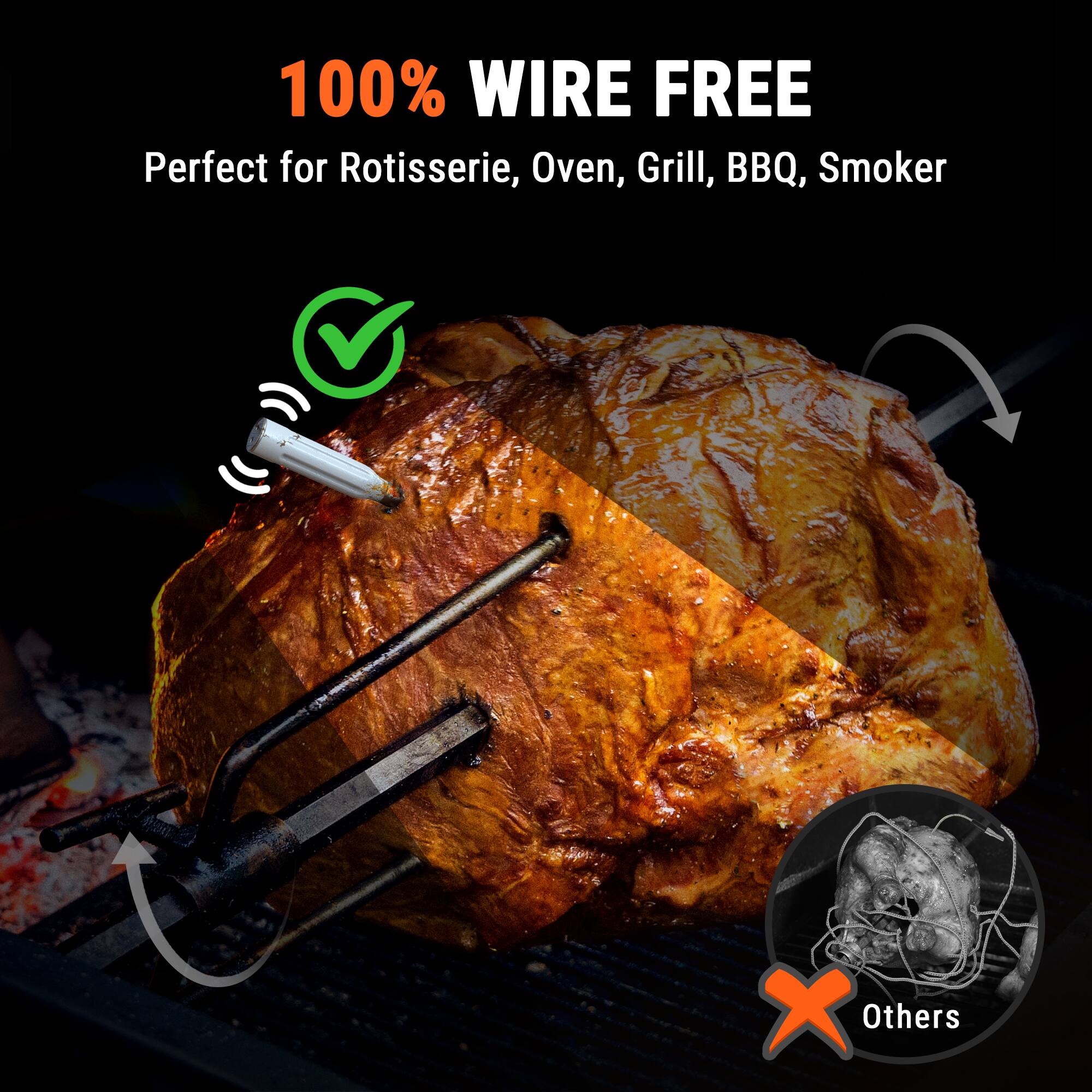 100% Wire Free: Perfect for Rotisserie, Oven, Grill, BBQ, Smoker, and Others.