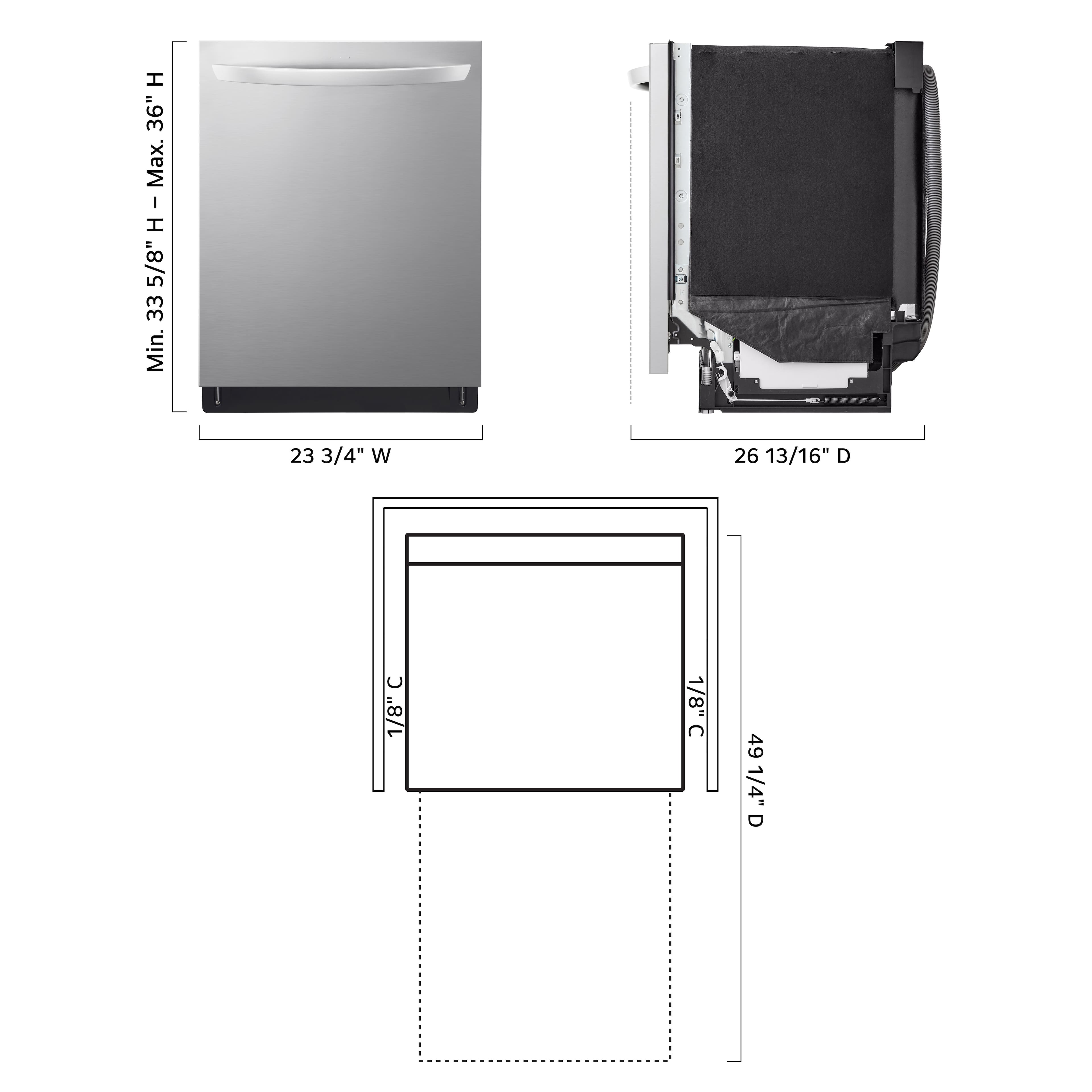 The text on the image is grouped as follows:
1. H 36" Max.
2. I 5/8" H - Max 5/8"
3. H 33 Min.
4. f 23 3/4" W 26 13/16" D 1/8" 1/8"
5. C C 49 1/4" D