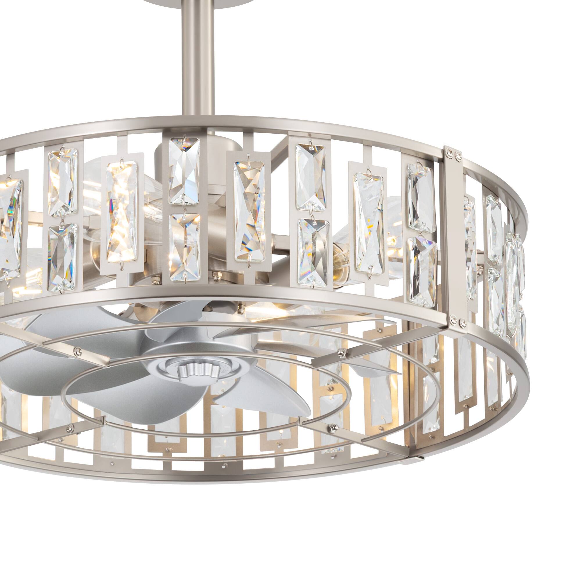 Left. Breezary - 20-In Cage Ceiling Fan with 7 ABS Blades, KD Version, DC Motor, 4''/8'' Downrods, Remote Control with Timer - Satin Nickel.