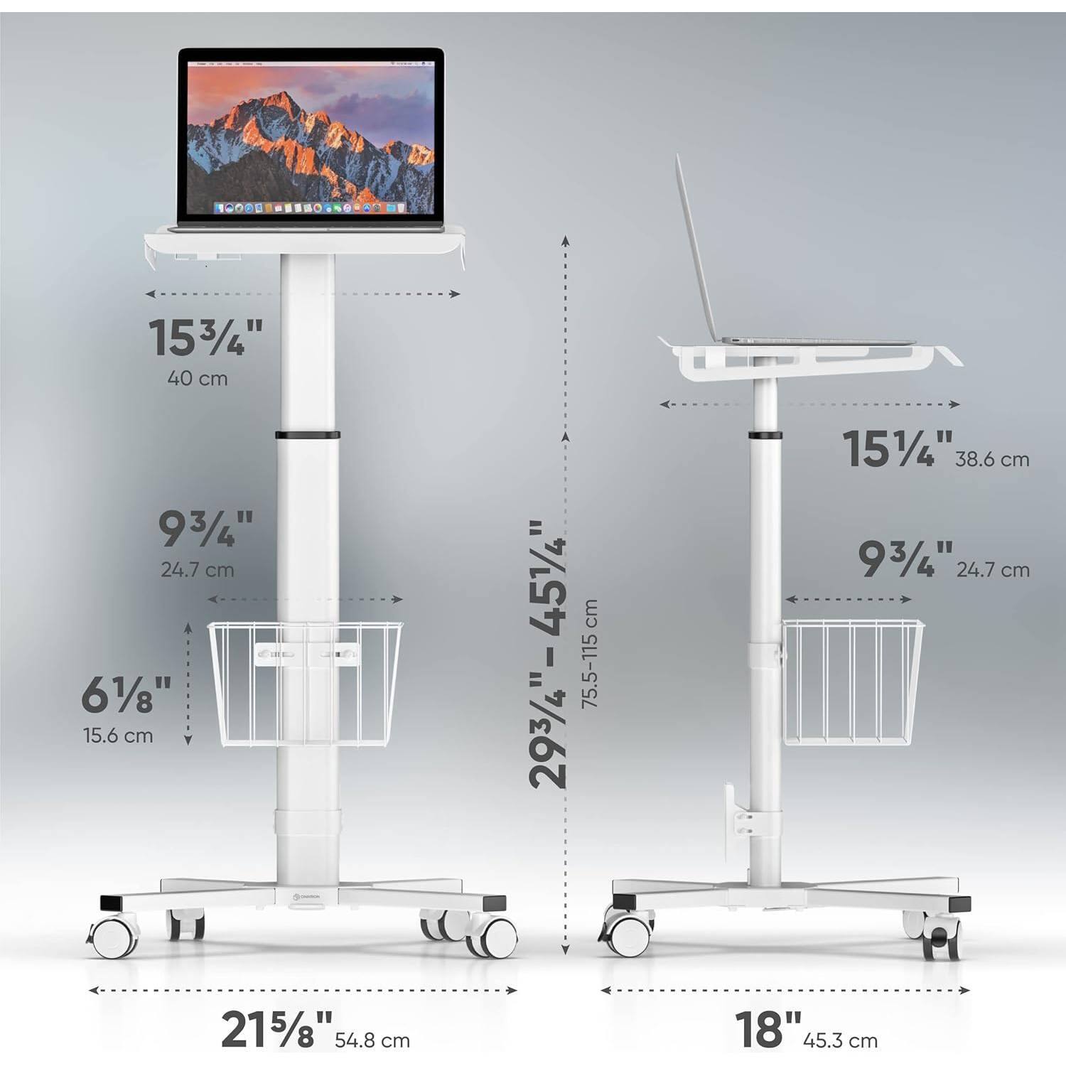 - 15 3/4" (40 cm)
- 9 3/4" (24.7 cm)
- 6 1/8" (15.6 cm)
- 29 3/4" - 45 1/4" (75.5 - 115 cm)
- 15 1/4" (38.6 cm)
- 9 3/4" (24.7 cm)
- 21 5/8" (54.8 cm)
- 18" (45.3 cm)