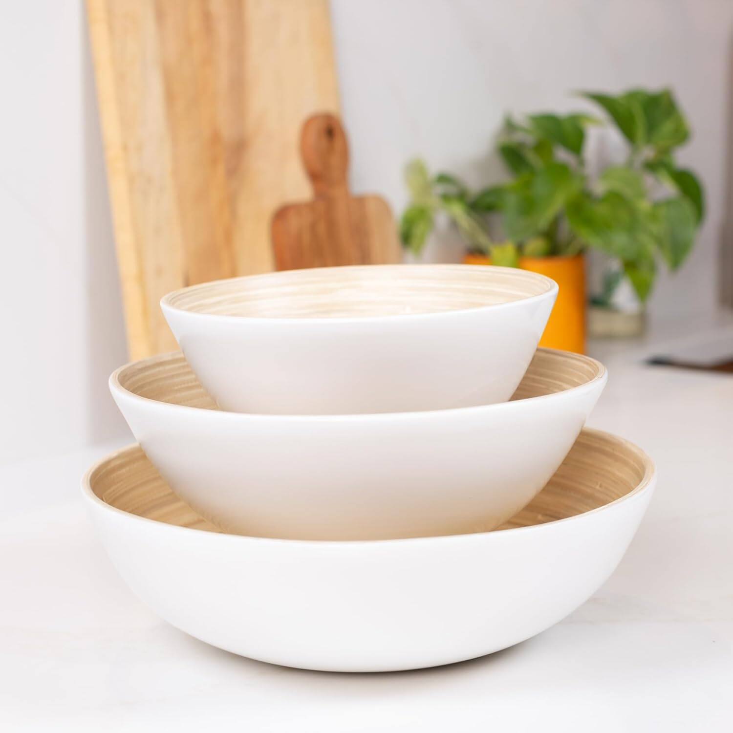 Angle. Lexa - Bamboo 3-Piece Bowl Set, 12, 10, 8 Inch, White - White.