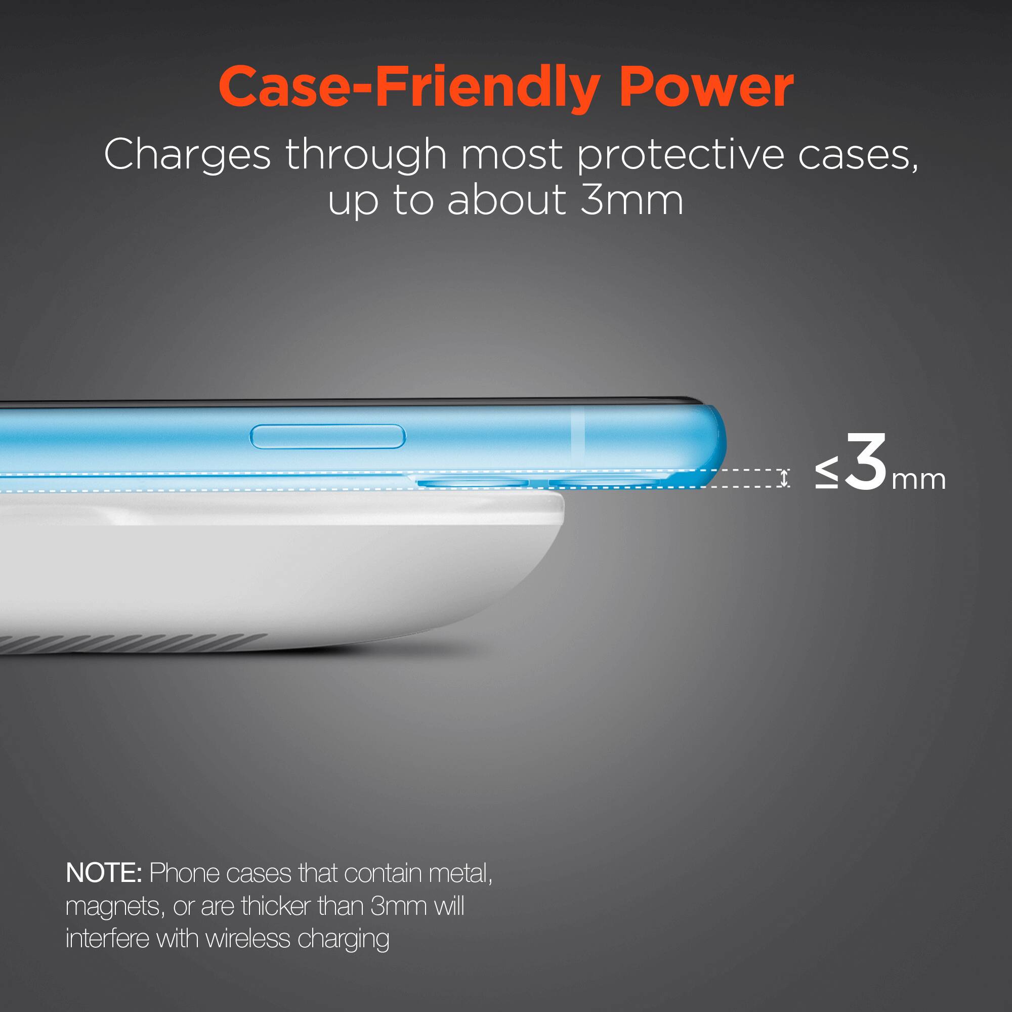 Case-Friendly Power

Charges through most protective cases, up to about 3mm

NOTE: Phone cases that contain metal, magnets, or are thicker than 3mm will interfere with wireless charging