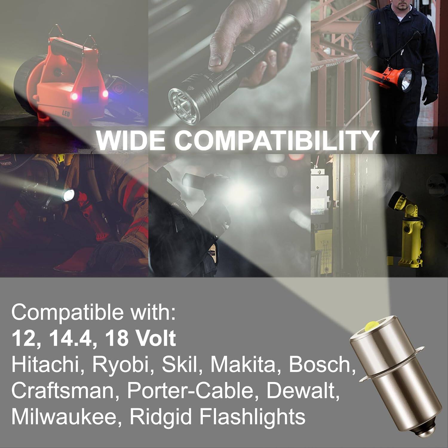 LED WIDE COMPATIBILITY

Compatible with: 12, 14.4, 18 Volt Hitachi, Ryobi, Skil, Makita, Bosch, Craftsman, Porter-Cable, Dewalt, Milwaukee, Ridgid Flashlights
