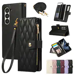 Dteck - Shockproof Wallet Case for Samsung Galaxy Z Fold7 with Crossbody Strap, Zipper Pocket PU Leather TPU Folio Stand Cover - Black