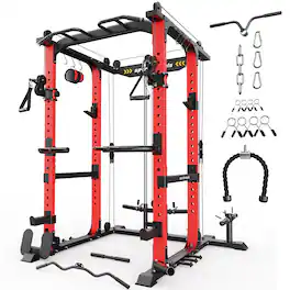 Sportsroyals - Power Cage,1600lbs Multi-Function Power Rack with Adjustable Cable Crossover System, Weight Cage for Home Gym - Red