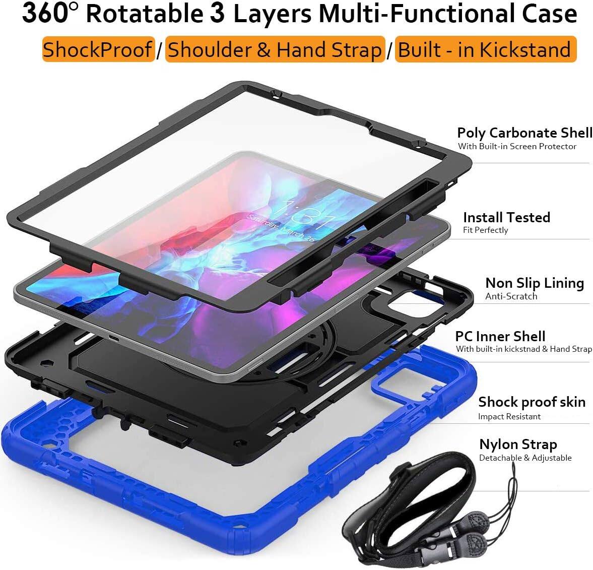 360° Rotatable 3 Layer Multi-Functional Case  
ShockProof / Shoulder & Hand Strap / Built - in Kickstand  

Poly Carbonate Shell With Built-in Screen Protector  
Install Tested Fit Perfectly  
Non Slip Lining Anti-Scratch  
PC Inner Shell With built-in kickstand & Hand Strap  
Shock proof skin Impact Resistant  
Nylon Strap Detachable & Adjustable