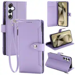 Dteck - Wallet Case for Samsung Galaxy A56 Crossbody Premium Leather Flip Kickstand Zipper Card Slot Cover With Strap+Lanyard - Purple