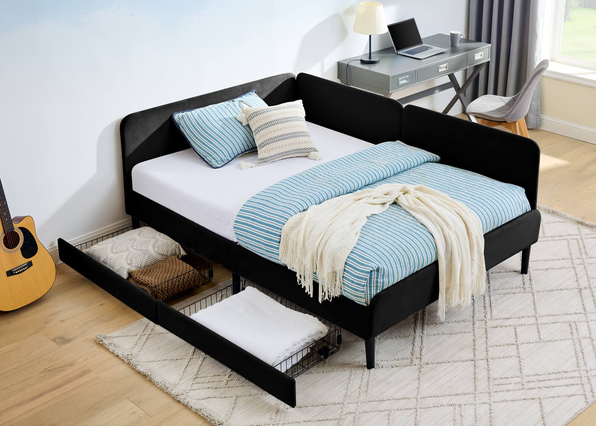 Front. APRILSOUL - Full Size Upholstered Platform Bed Frame 2 Storage Drawers Adjustable Velvet Sofa Bed Black - Black.