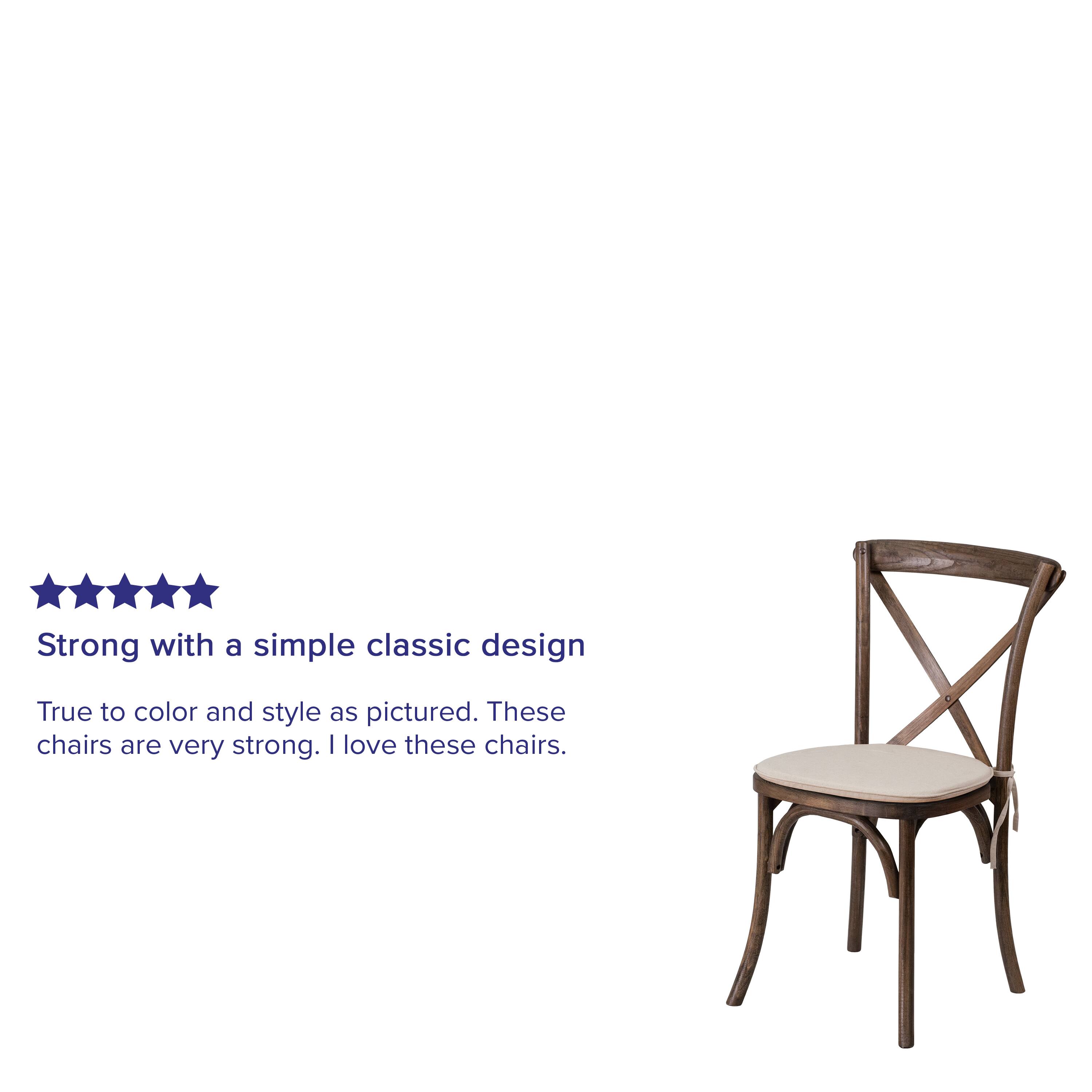 Strong with a simple classic design  
True to color and style as pictured. These chairs are very strong. I love these chairs.