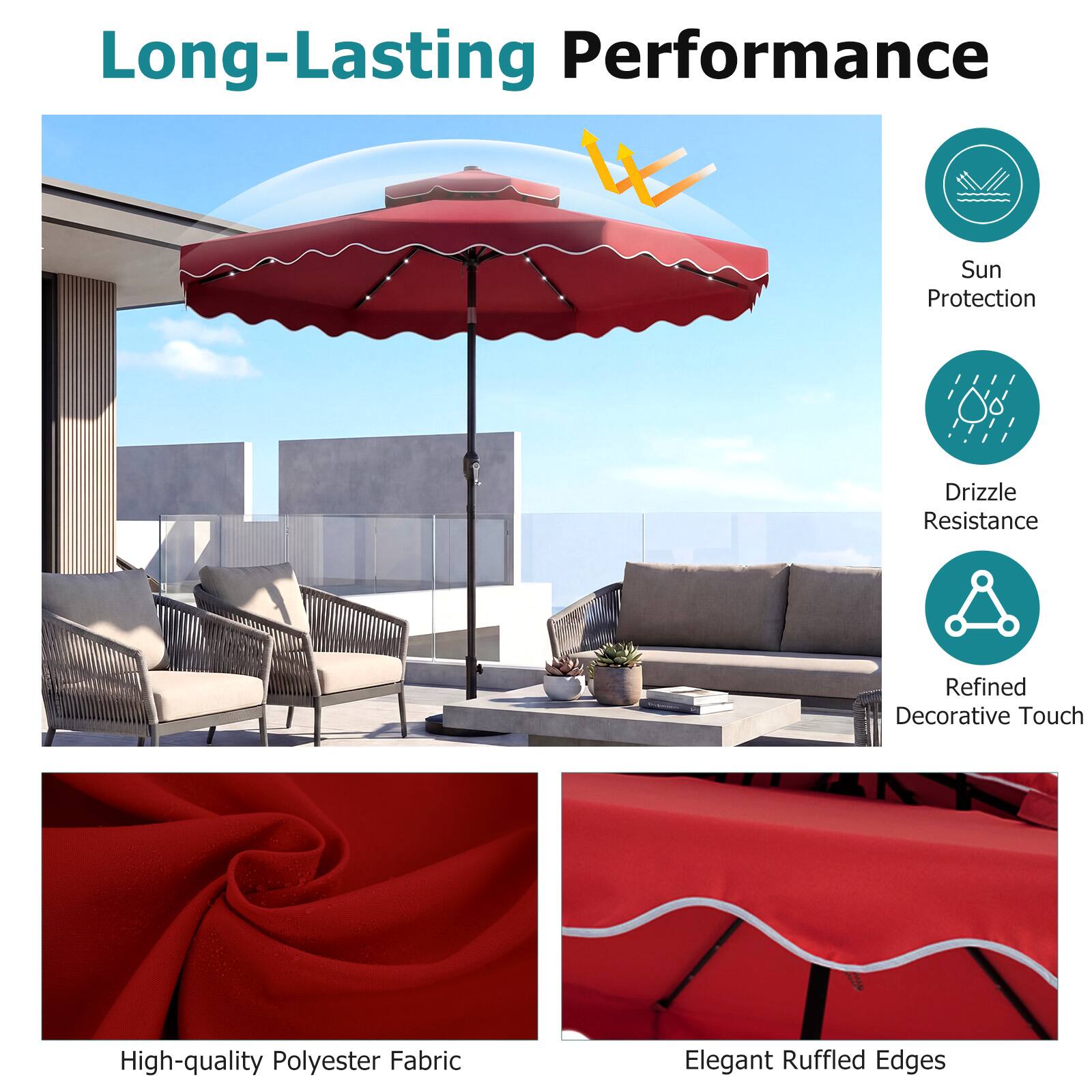Long-Lasting Performance  
Sun Protection  
Drizzle Resistance  
Refined Decorative Touch  
High-quality Polyester Fabric  
Elegant Ruffled Edges