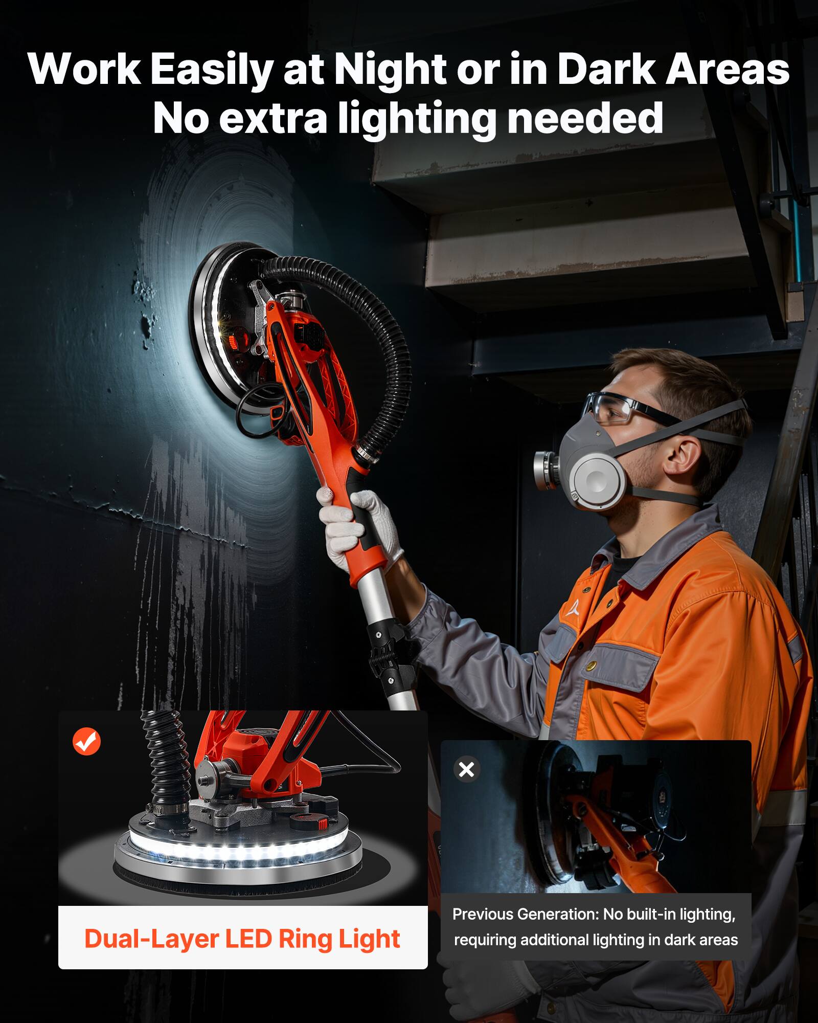 Work Easily at Night or in Dark Areas  
No extra lighting needed

Dual-Layer LED Ring Light

Previous Generation: No built-in lighting, requiring additional lighting in dark areas
