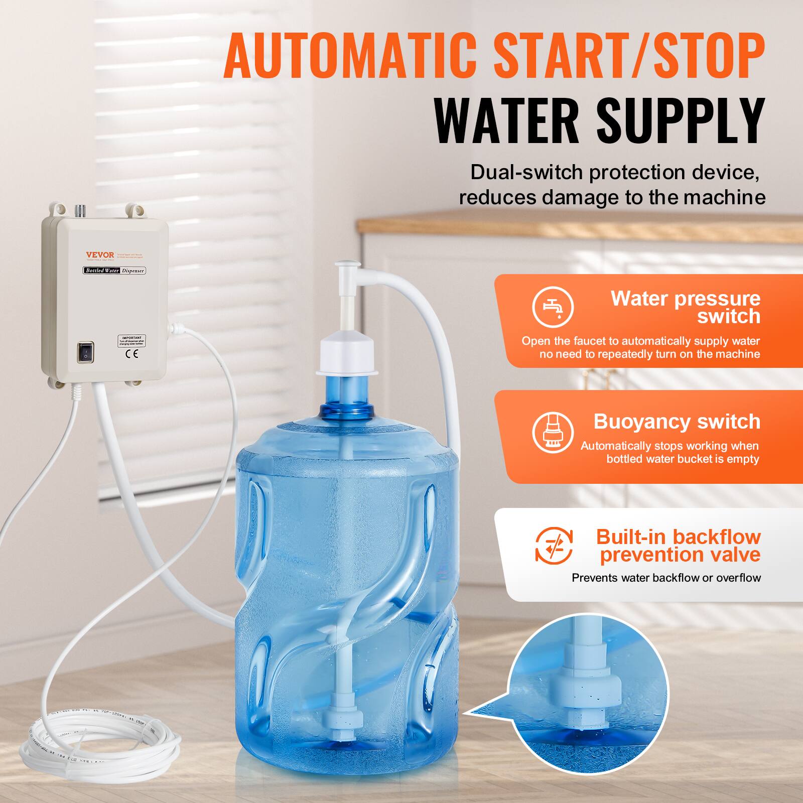 AUTOMATIC START/STOP WATER SUPPLY  
Dual-switch protection device, reduces damage to the machine  

VEVOR  
Secried Fair Disprese  
ameriant - - CE  

Water pressure switch  
Open the faucet to automatically supply water no need to repeatedly turn on the machine  

Buoyancy switch  
Automatically stops working when bottled water bucket is empty  

Built-in backflow prevention valve  
Prevents water backflow or overflow  

... .. 10-000 - -  
M LA (100