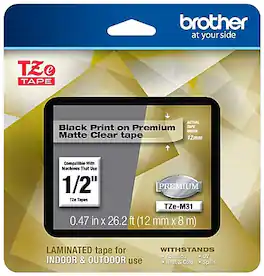 Brother - P-touch TZe-M31 Laminated Premium Label Maker Tape, 1/2" x 26-2/10', (TZe-M31) - Black on Matte Clear