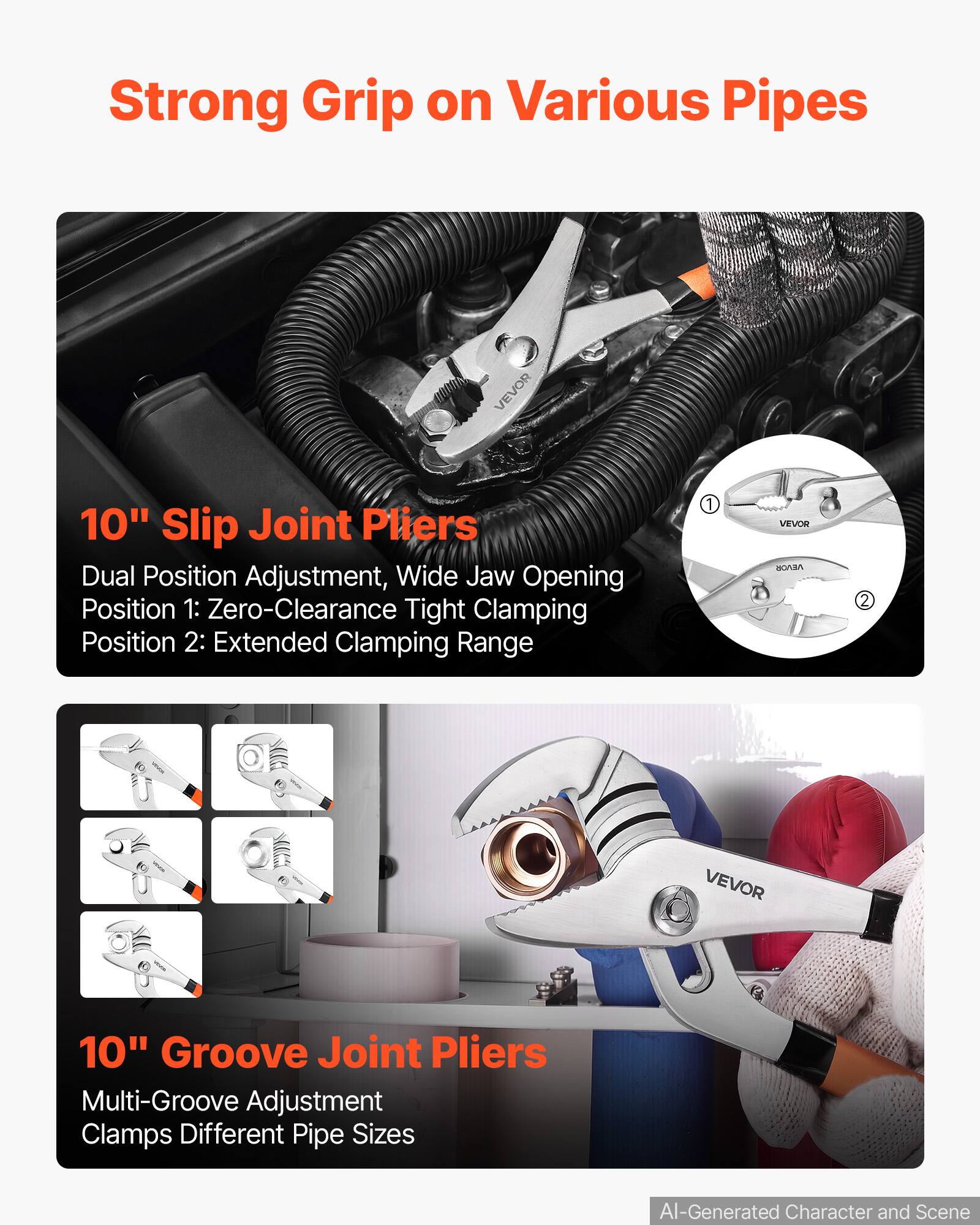 Strong Grip on Various Pipes

VEVOR

10" Slip Joint Pliers
Dual Position Adjustment, Wide Jaw Opening
Position 1: Zero-Clearance Tight Clamping
Position 2: Extended Clamping Range

10" Groove Joint Pliers
Multi-Groove Adjustment
Clamps Different Pipe Sizes

AI-Generated Character and Scene