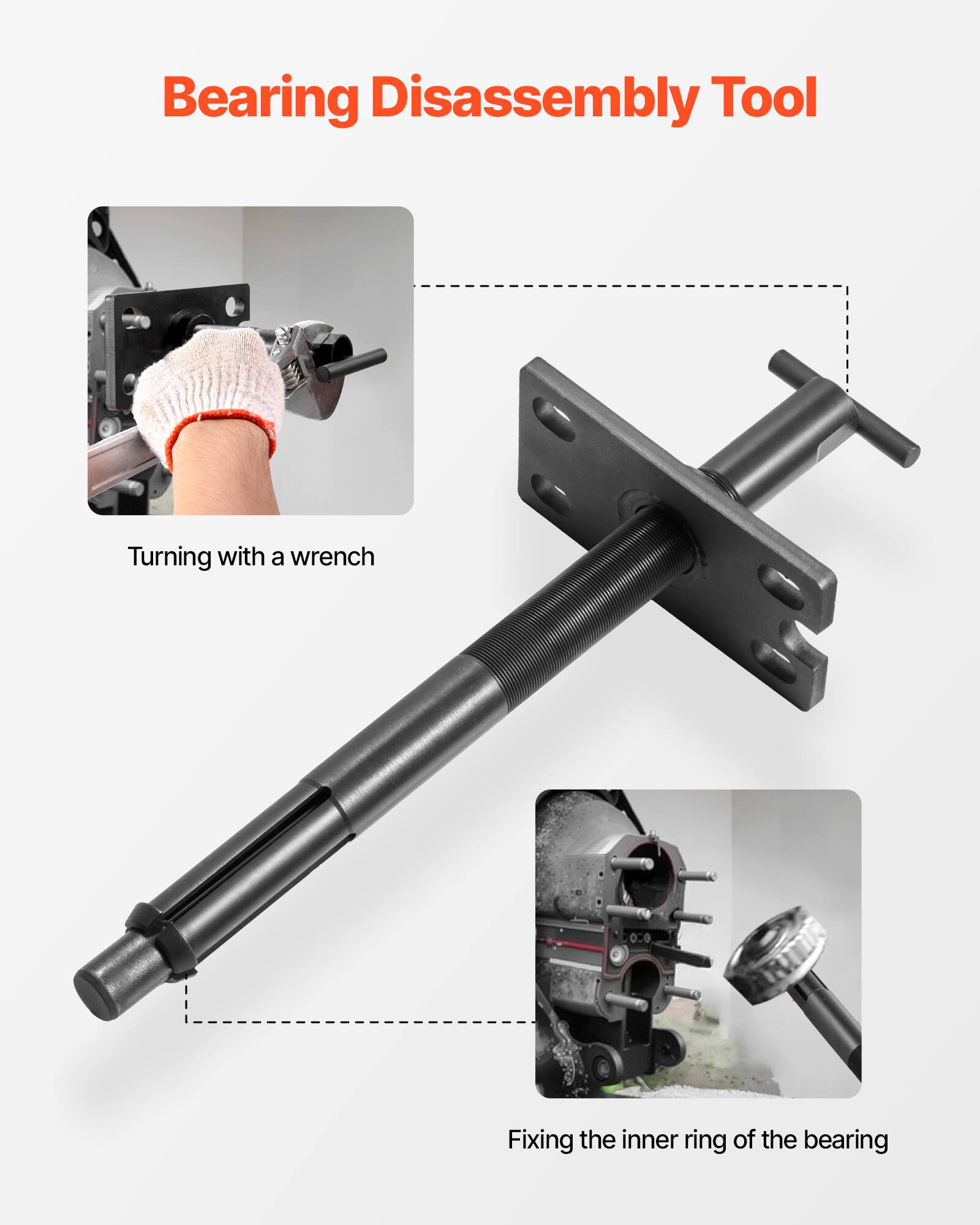 Bearing Disassembly Tool

- Turning with a wrench
- Fixing the inner ring of the bearing