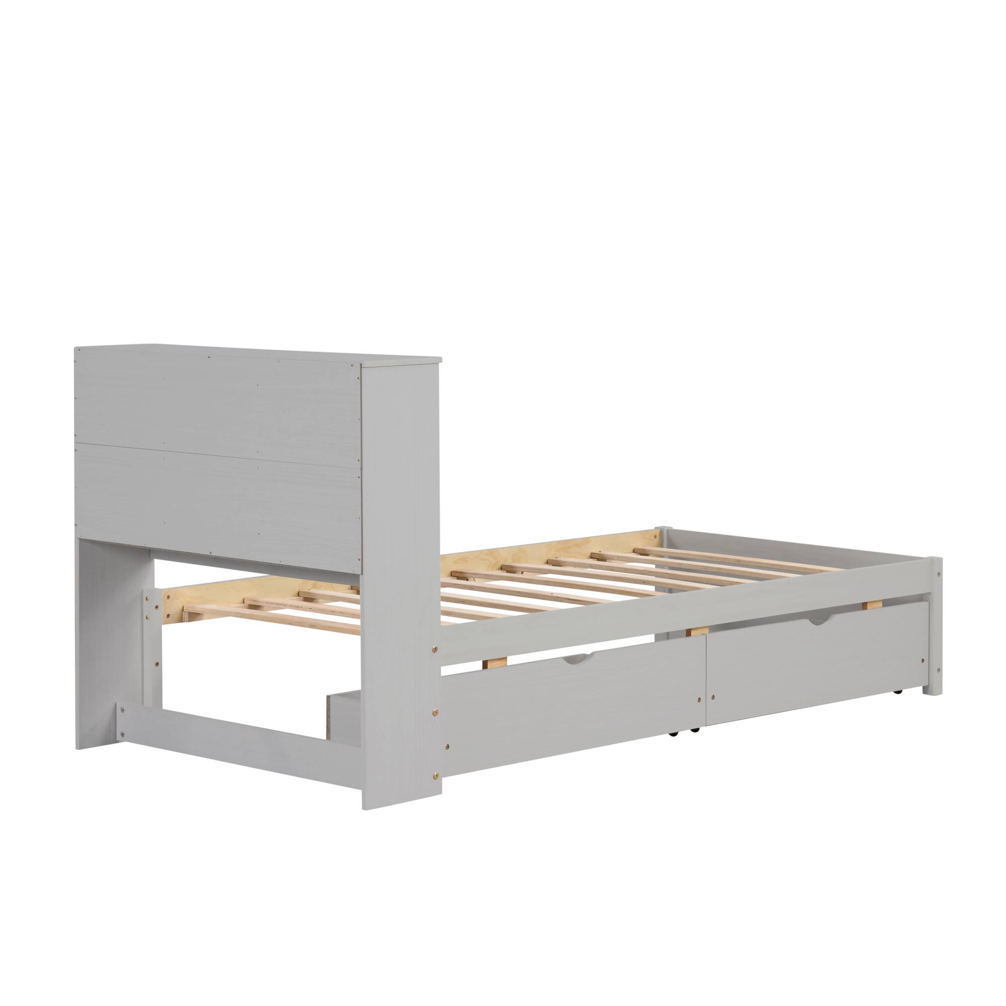 Alt View 7. GOODSILO - Contemporary Twin Size Bed Frame with USB Charging Port, Bookcase Headboard, and Underbed Storage Drawers - Grey.