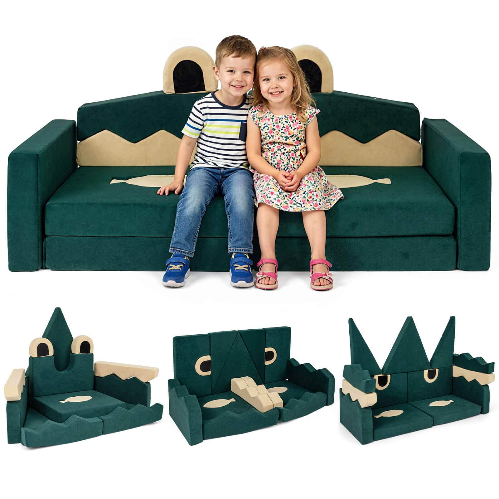 Costway - 17 PCS Modular Kids Play Couch, Multifunctional Convertible Kids Sofa Furniture Crocodile - Dark Green
