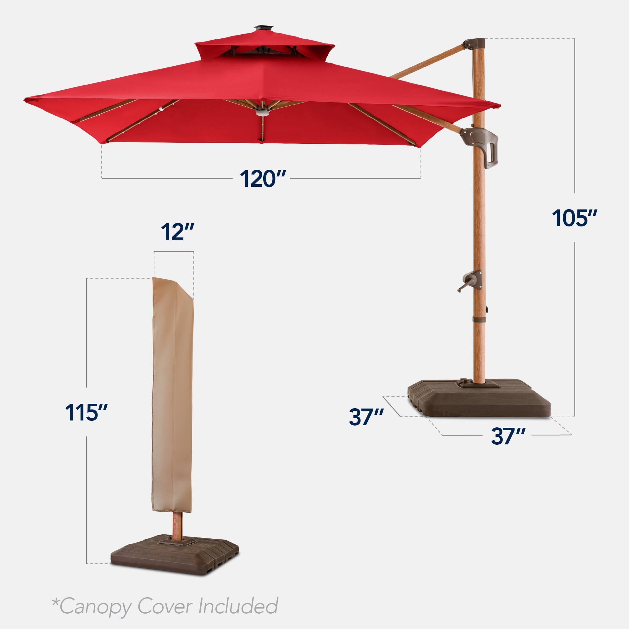 The text in the image can be grouped and corrected as follows:

- **Dimensions of the umbrella:**
  - Diameter: 120"
  - Height: 115"
  - Canopy Cover Included

- **Dimensions of the base:**
  - Width: 37"
  - Depth: 37"
  - Height: 12"

- **Additional details:**
  - *Canopy Cover Included
