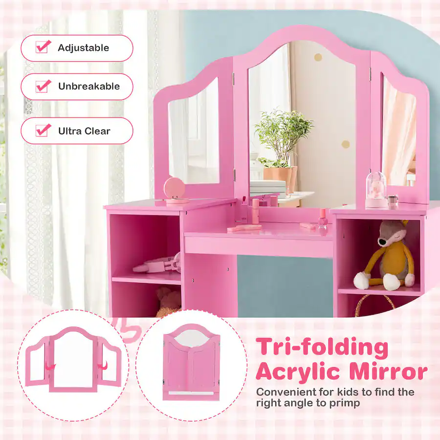 Gymax Kids Vanity 2 in 1 Princess Makeup Desk & Chair Set Safe Tri fold ...