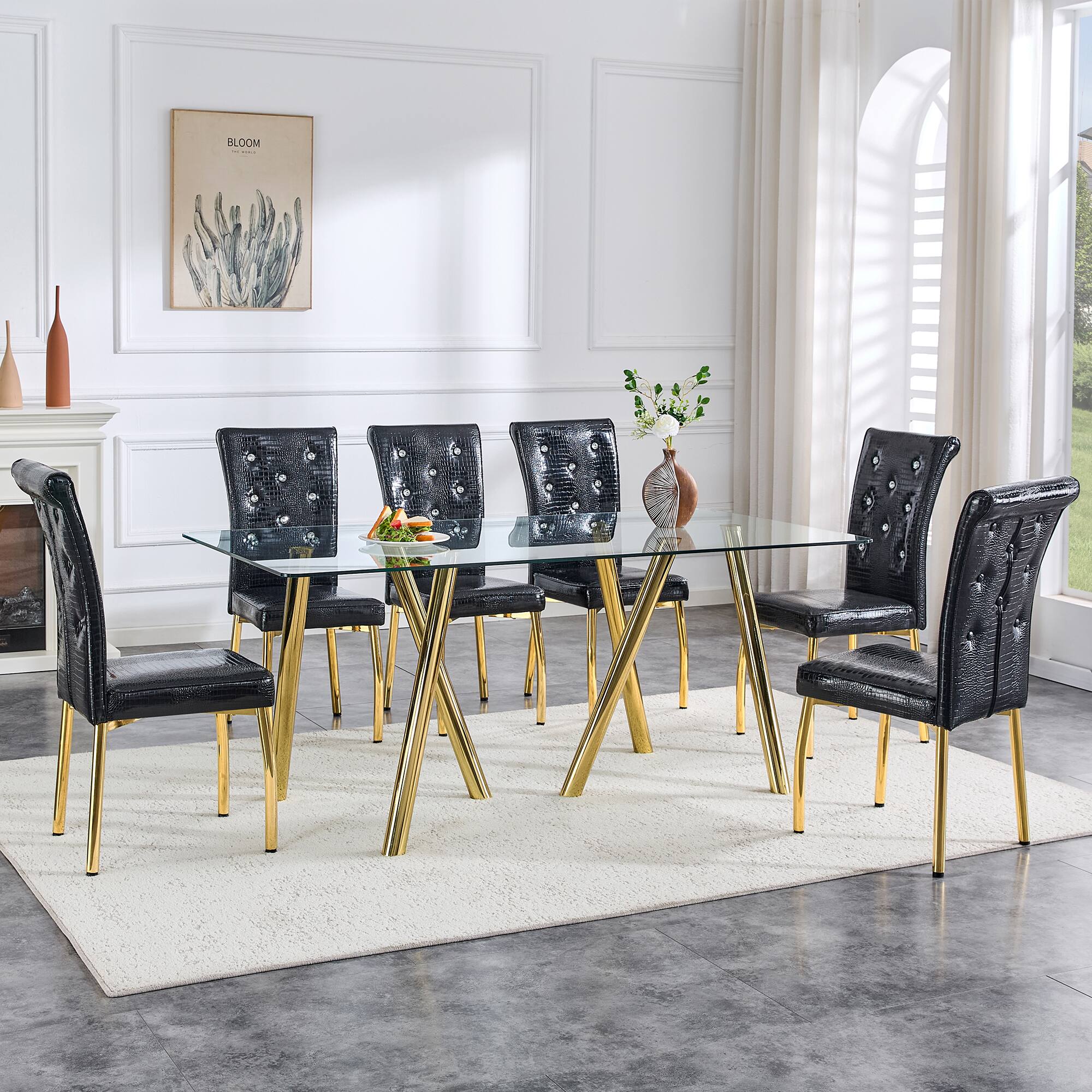 Alt View 5. Loheer - Loheer- 5.9 Ft Modern Tempered Glass Dining Table with Sturdy Metal Legs for Large Family - Gold.