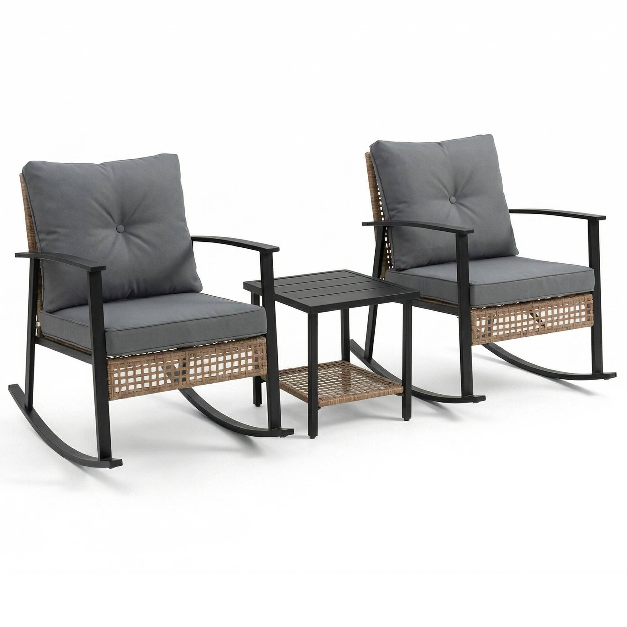 Yardgrace - 3-Piece Outdoor Rocking Set, Oversize Rattan Chairs with Thick Cushions & 2-Tier Coffee Table for Patio Garden - Gray