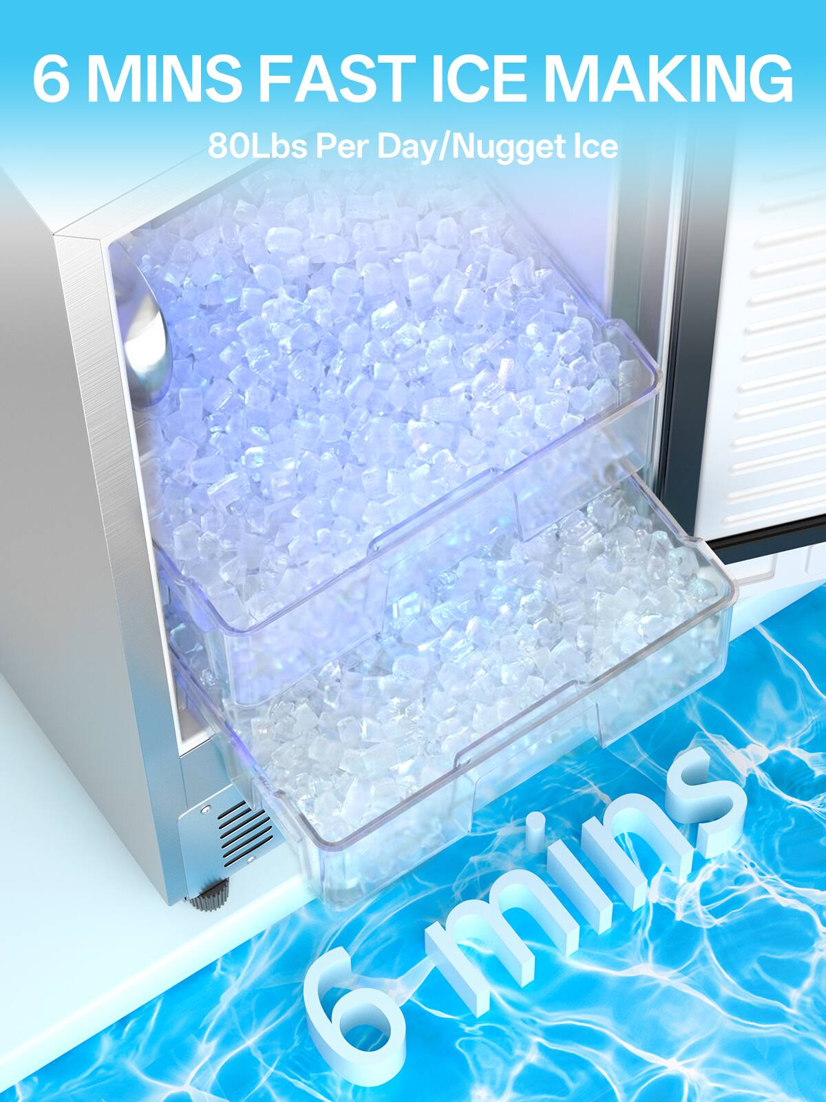 6 MINS FAST ICE MAKING  
80Lbs Per Day/Nugget Ice