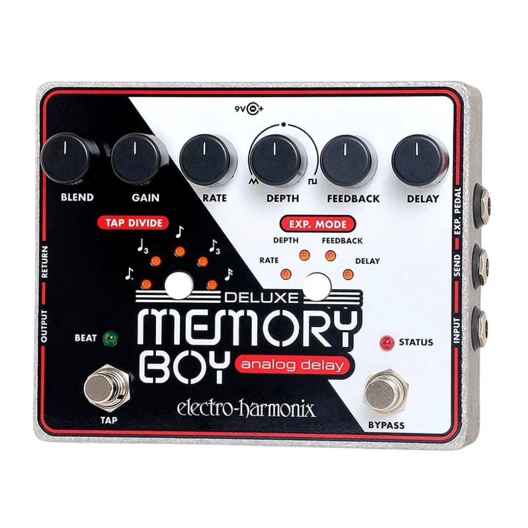 9V + | I I I I RETURN OUTPUT M 2 BLEND GAIN RATE DEPTH FEEDBACK DELAY TAP DIVIDE EXP. MODE DEPTH FEEDBACK 3 3 RATE DELAY DELUXE MEMORY BOY analog delay electro-harmonix TAP BYPASS PEDAL EXP. SEND INPUT