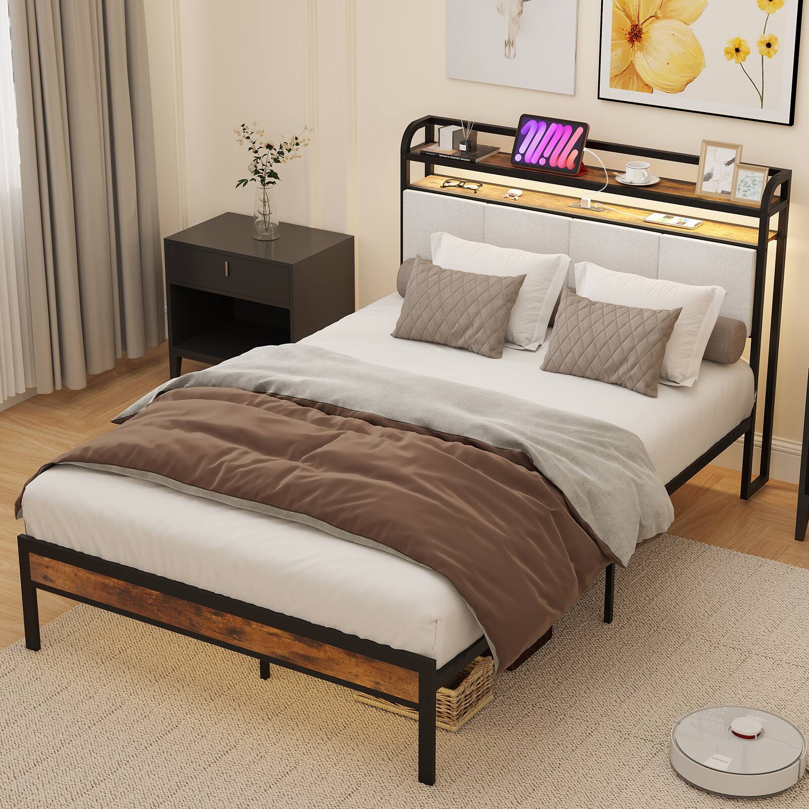 Alt View 4. Costway - Costway Full Size Bed Frame w/ Charging Station Metal Platform Bed w/Upholstered Headboard - Rustic Brown,Black,Grey.