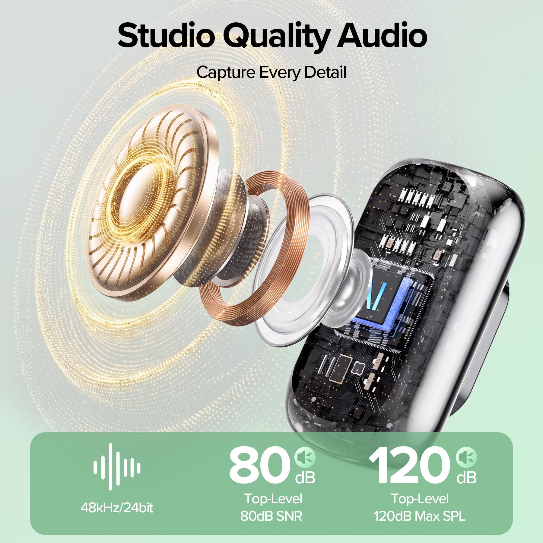 Studio Quality Audio  
Capture Every Detail

48kHz/24bit  
80 dB Top-Level 80dB SNR  
120 dB Top-Level 120dB Max SPL